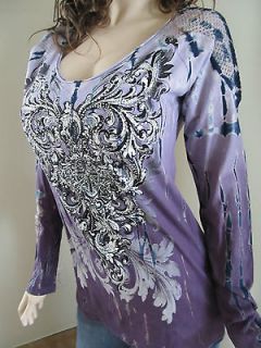Vocal Tie Dye Scrolls Crystals Tattoo Top Shirt Western Bling Sexy S M 