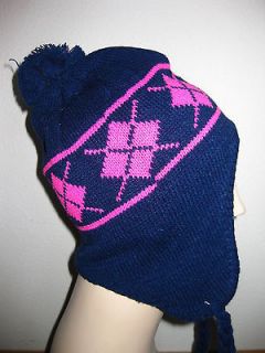   Mens Womens Blue Neon Pink Argyle Print Hat W/Ear Cover Fleece Lined