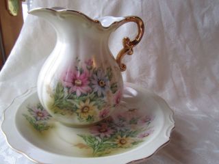 Antique porcelain Hand Painted floral Bowl and Pitcher with Gold Trim