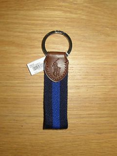 NEW POLO RALPH LAUREN MENS WOMENS WEB FABRIC LEATHER BLUE KEY RING FOB