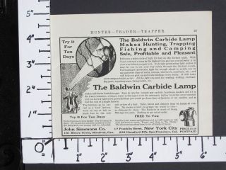 1915 BALDWIN Carbide Lamps magazine Ad Headlamp Light hunter camp 