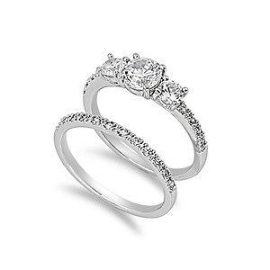 three stone sterling silver simulated diamond engagement ring set size