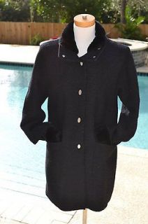 Hilary Radley Black Boiled Wool Lamb Shearling Fur Cuffs Collar Coat 