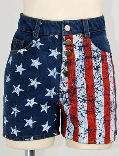   Blue Denim Jeans US USA American Flag High Waisted Shorts Hot Pants S