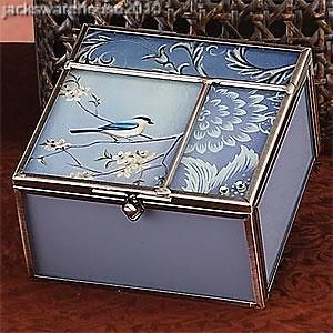 Antique Blue Robin Metal Frame And Glass Square Jewelry Box
