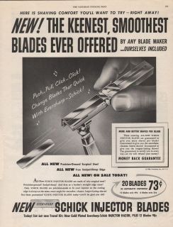 1950 VINTAGE SCHICK INJECTOR BLADES KEENEST SMOOTHEST PRINT AD