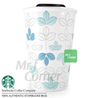 SM027 8oz starbucks floral ceramic travel short white blue cup mug NEW