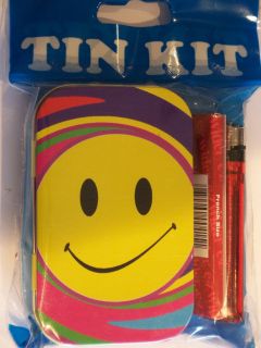   hinged smiley face tobacco tin with free lighter and rolling papers