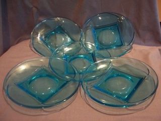 Vintage Dish Set (5) AQUA BLUE GLASS Lunch Plates 7 Square Base