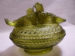   Love Birds On Nest Green Glass Basket Candy Dish Vintage Marked