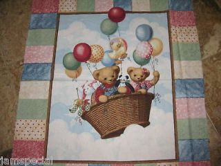 One Balloon Ride Quilt Panel Fabric Blue Jean Teddy Bear Top Patchwork 