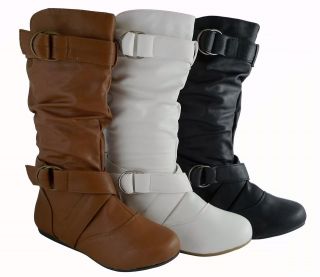 Women Fashion Mid Calf Faux Leather Flat Boots Cute Style Designer 