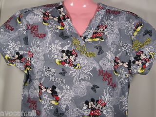 NEW Scrubs Top Mickey Minnie Mouse Love Gray SMALL Medical Nursing