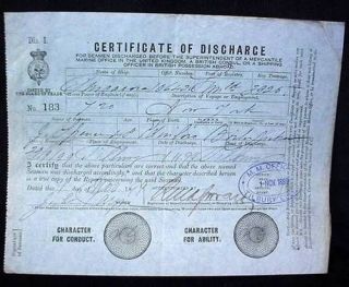 Mercantile Navy Seamans Discharge Certificate 1899 Tilbury Essex 