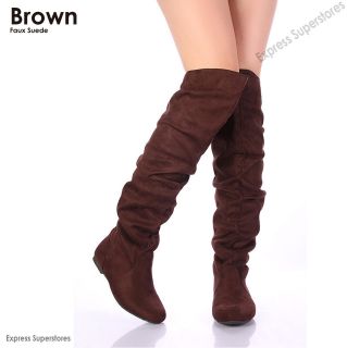 Womens Over Knee Thigh High Slouch Suede Flat Boots Choose Size