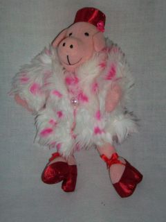   Stuffed Pig Fur Coat Pink Spots Pearl Button Satin Hat Stuffed Animal