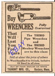 old 1918 trimont trimo pipe monkey wrench ad roxbury ma