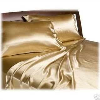 4PCS SOFT CAL KING GOLD SATIN SILK~Y FLAT/FITTED SHEET+PILLOWCA​SES 