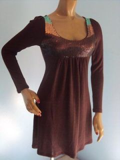 BEIZA S DARK BROWN MINI DRESS EMPIRE WAISTED SEQUINED TOP BLUE GOLD 