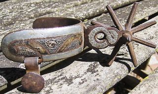 Antique Large Deluxe Mexican Silvered Engraved Inlayed Charro Spurs 