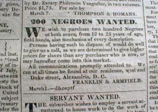   DC newspaper w Ad 200 NEGRO SLAVES WANTED to BUY  pre CIVIL WAR