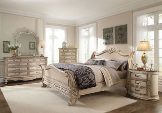    5pc TRADITIONAL ANTIQUE WHITE QUEEN KING SLEIGH MARBLE BEDROOM SET