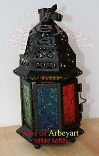 BLACK METAL ANTIQUE STYLE HANGING CANDLE LANTERN RAINBOW GLASS NEW