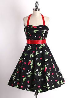 40s 50s Size S Vintage Pinup Rockabilly Retro Cherry Floral Black 