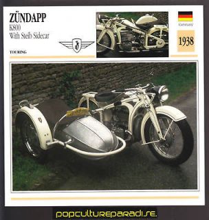 1938 zundapp k800 w steib sidecar motorcycle fact card from