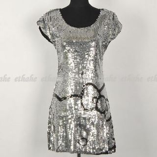   Shiny Sequin Prom Slim fit Mini Dress Crewneck S/Size 4 Silver SGKH6