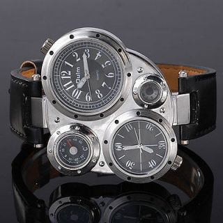 New Quartz Mens Watch Military 2 Time Zone Leather Band irregular 