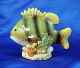CERAMIC TROPICAL FISH, Green with Black Stripes 4 1/2 or 11.5cm high 