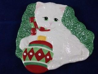   Yuletide Christmas Snack Canape Plate Candy Dish White Kitty Cat 2008