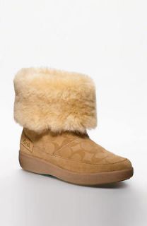 New Coach Signature TERI Women Suede Fur Boots Shoes Flats NIB Multi 