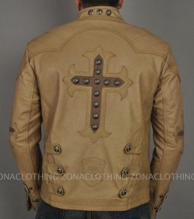   Silent Leather Motorcycle Bomber Jacket Tan Cross Studs Live Fast NWT
