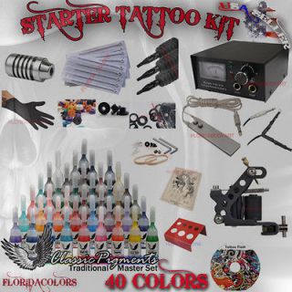 Beginner Tattoo Kit Set One Machine Gun 40 Color Ink Analog Power 