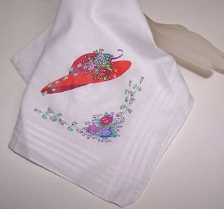 WHITE HANKERCHIEF HANKIE WITH RED HATS & FLOWERS FOR RED HAT LADIES OF 