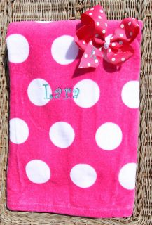   Embroidered Shocking Pink Polka Dot Bow & Matching Beach Towel Set