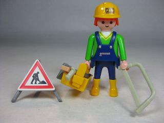   Construction City Worker Figure with Tools Saw & Men at Work Sign