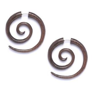 Wood tribal spiral fake stretcher 16g single pair earrings by 