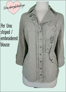 Ex Per Una by M&S Embroidered Striped Cotton Blouse / Top 3/4 sleeves