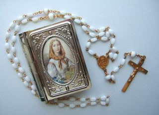 Vintage Catholic Glass Rosary in ST. DYMPHNA metal picture box