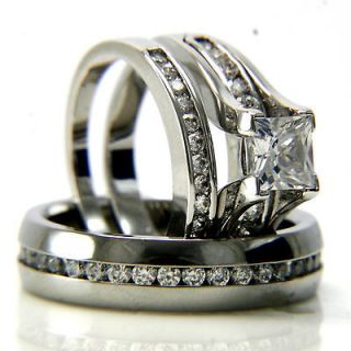 New 3pcs Womens Engagement Wedding Silver Rings sz8 & Mens Steel 