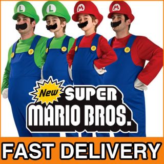DELUXE Super Mario Luigi Bros Mens Boys Fancy Dress 1980s Costume 