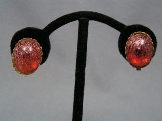 Vintage MADE ITALY Copper Foiled Art Glass Cab Clip Earrings A124