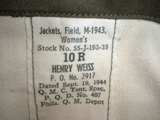   WWII WAC M 1943 field jacket size 10R Henry Weiss 19 Sept. 1944 USAF