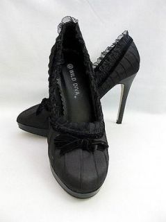 Womens WILD DIVA Black Satin Pleated Stiletto Pump 4 Heels Brand New 