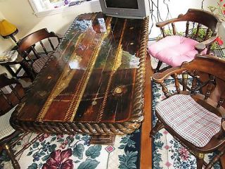 ANTIQUE SHOWPIECE HEAVY NAUTICAL INLAID TABLE, 4 CHAIRS, MATCHED 