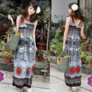 Bohemian WOMEN stylish BOHO Floral Gray Maxi Long Dress E176 Size M