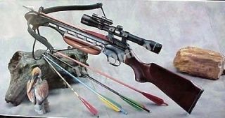 150 lbs wooden crossbow 16 arrows scope blade laser time